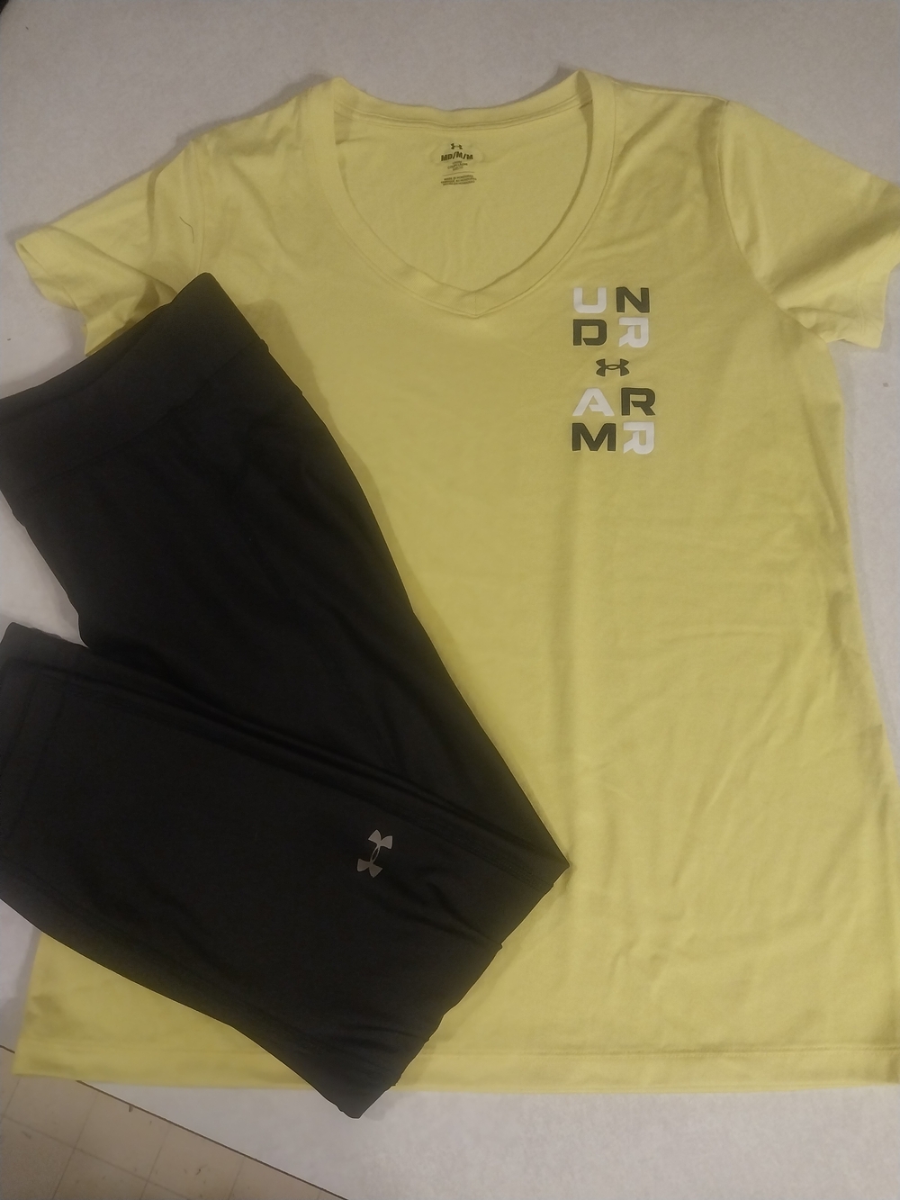 Under Armour Yellow V-Neck Tee with Black Leggings